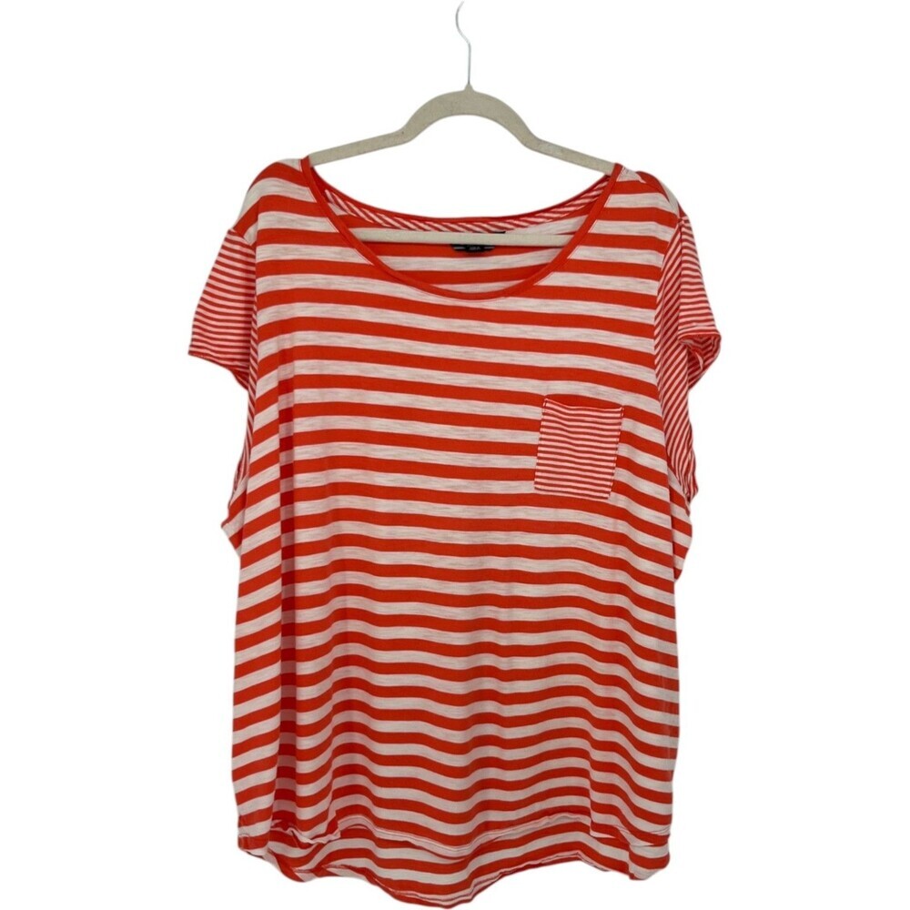 Lands' End Women's T-Shirt Size 3X Orange White Striped Coastal Grandma Preppy